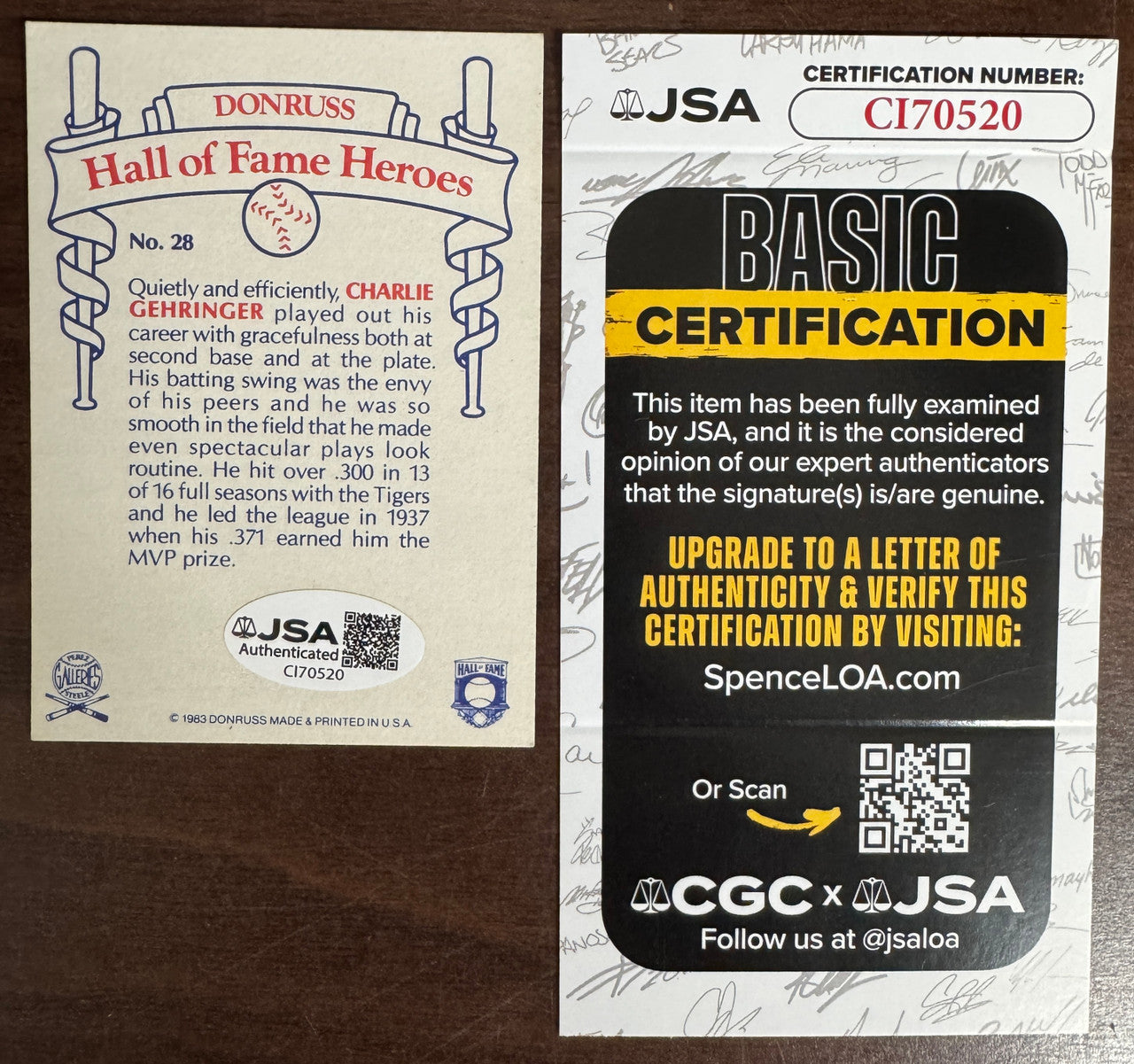 1983 Donruss Charlie Gehringer HoF Heroes #28 Signed Autographed JSA