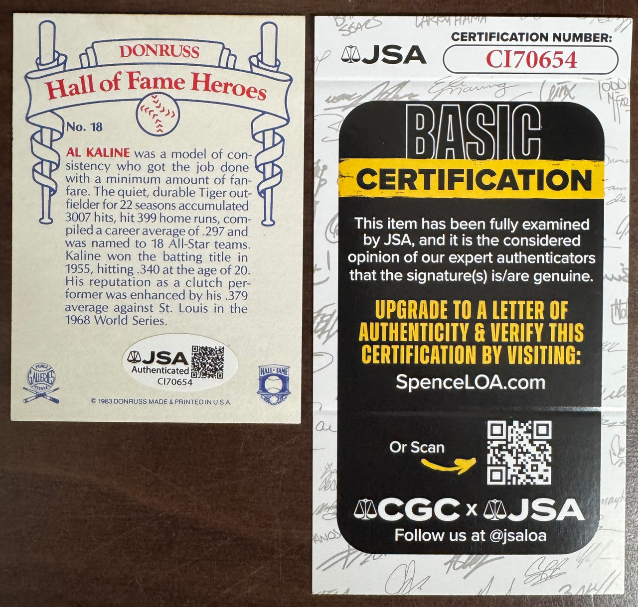 1983 Donruss Al Kaline HoF Heroes #18 Signed Autographed JSA