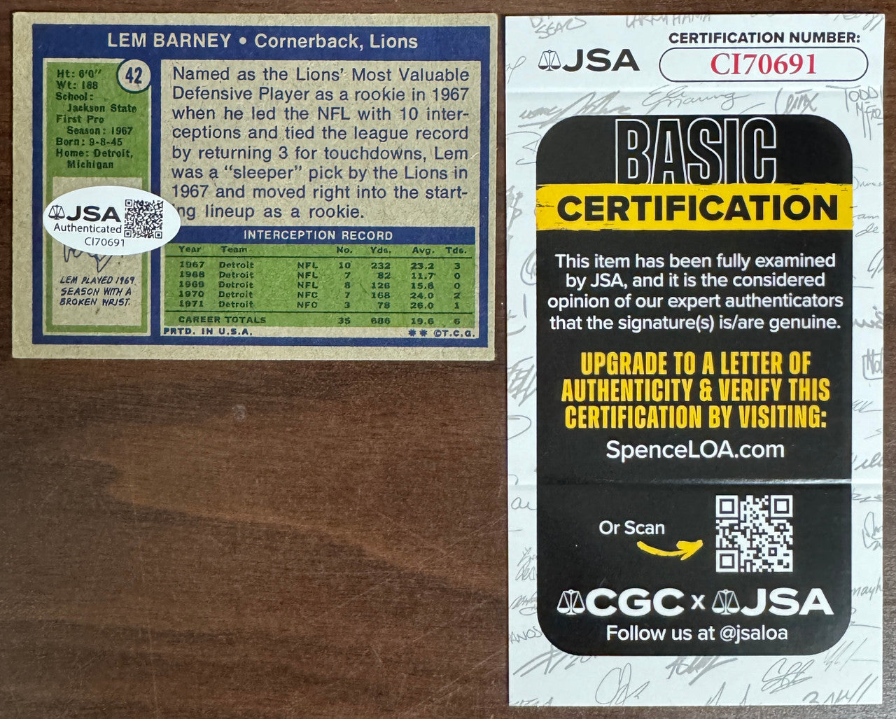 1972 Topps Lem Barney #42 Signed Autographed Inscribed JSA