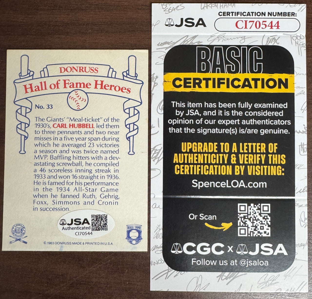 1983 Donruss Carl Hubbell HoF Heroes #33 Signed Autographed JSA