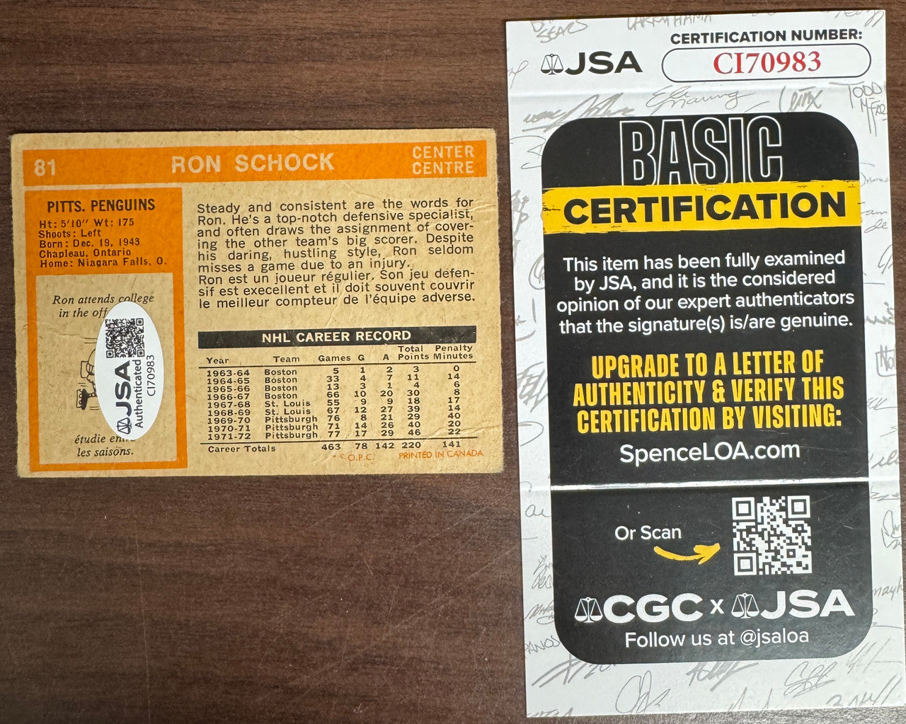 1972/73 O-Pee Chee Ron Schock #81 Signed Autographed JSA