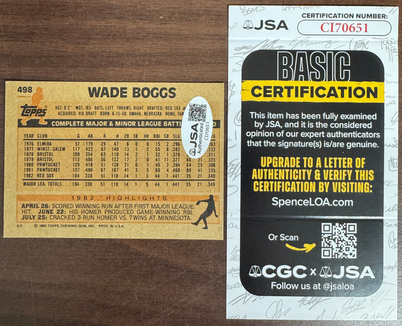 1983 Topps Wade Boggs RC #498 Signed Autographed JSA