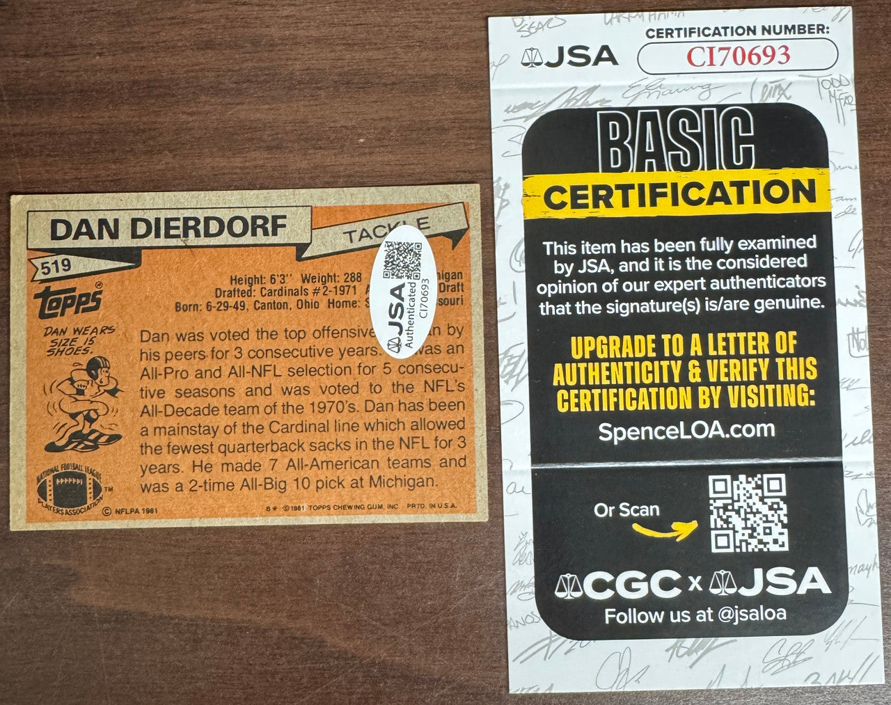 1981 Topps Dan Dierdorf #519 Signed Autographed JSA