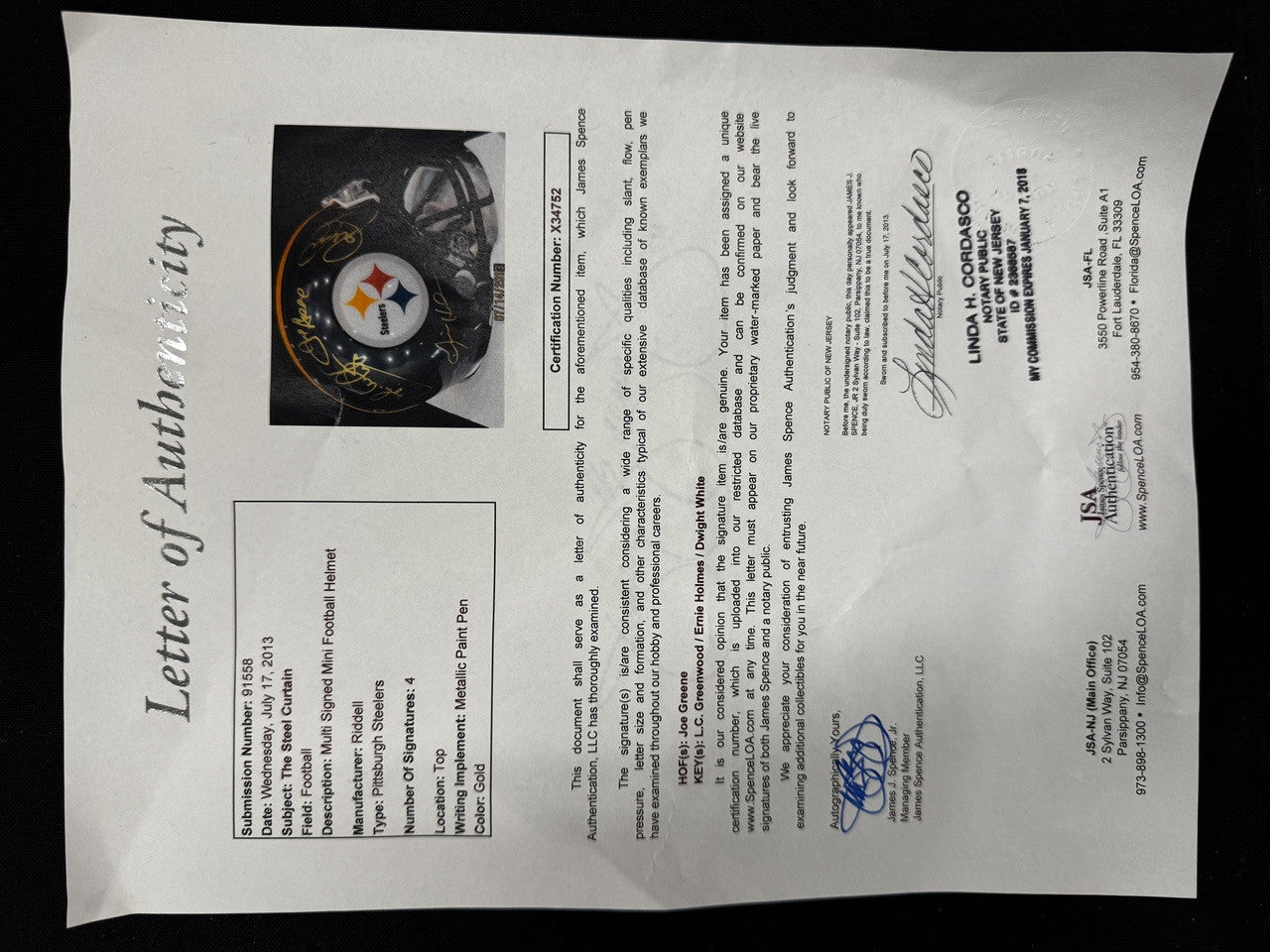 Greene Greenwood Holmes White Steel Curtain Signed Autographed Mini Helmet JSA