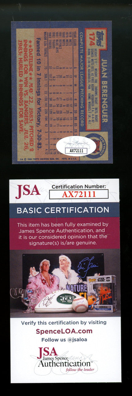 1984 Topps Juan Berenguer #174 Signed Autographed Card JSA
