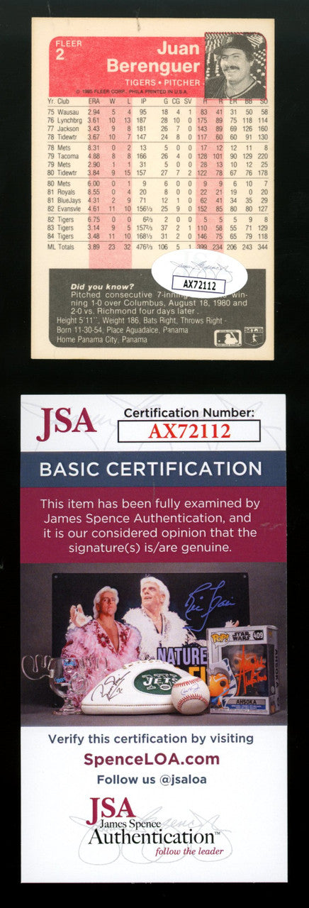 1985 Fleer Juan Berenguer #2 Signed Autographed Card JSA