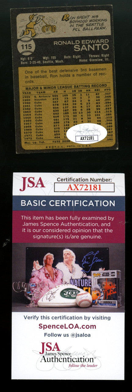 1973 Topps Ron Santo #115 Signed Autographed Card JSA "A"