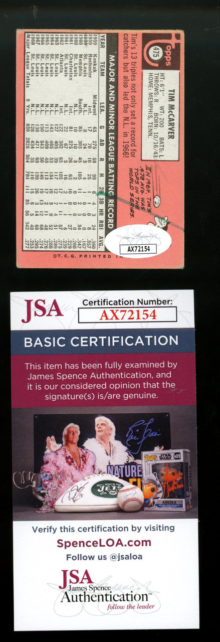 1969 Topps Tim McCarver #475 Signed Autographed Card JSA