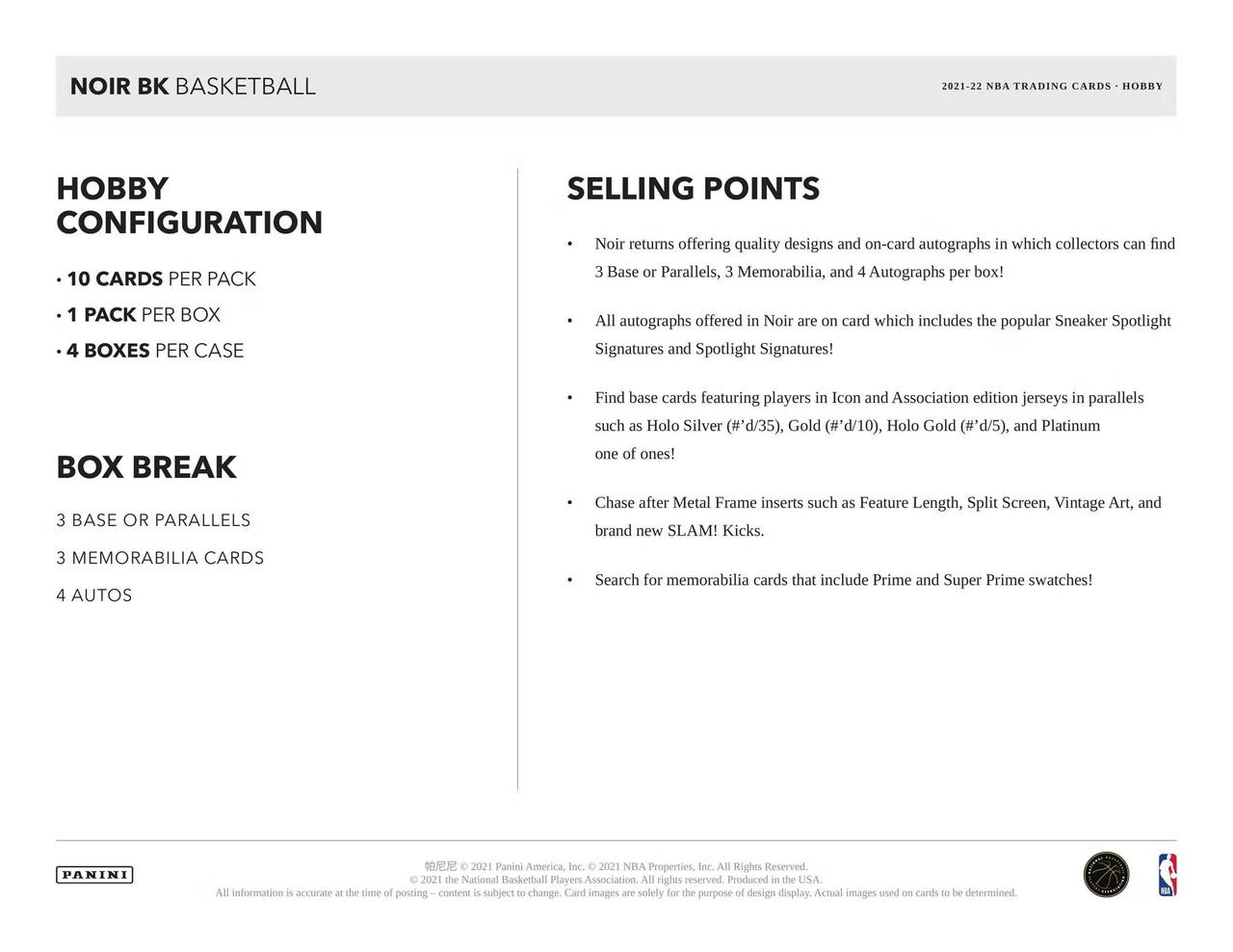 2021/22 Panini Noir Basketball Hobby 4-Box Case
