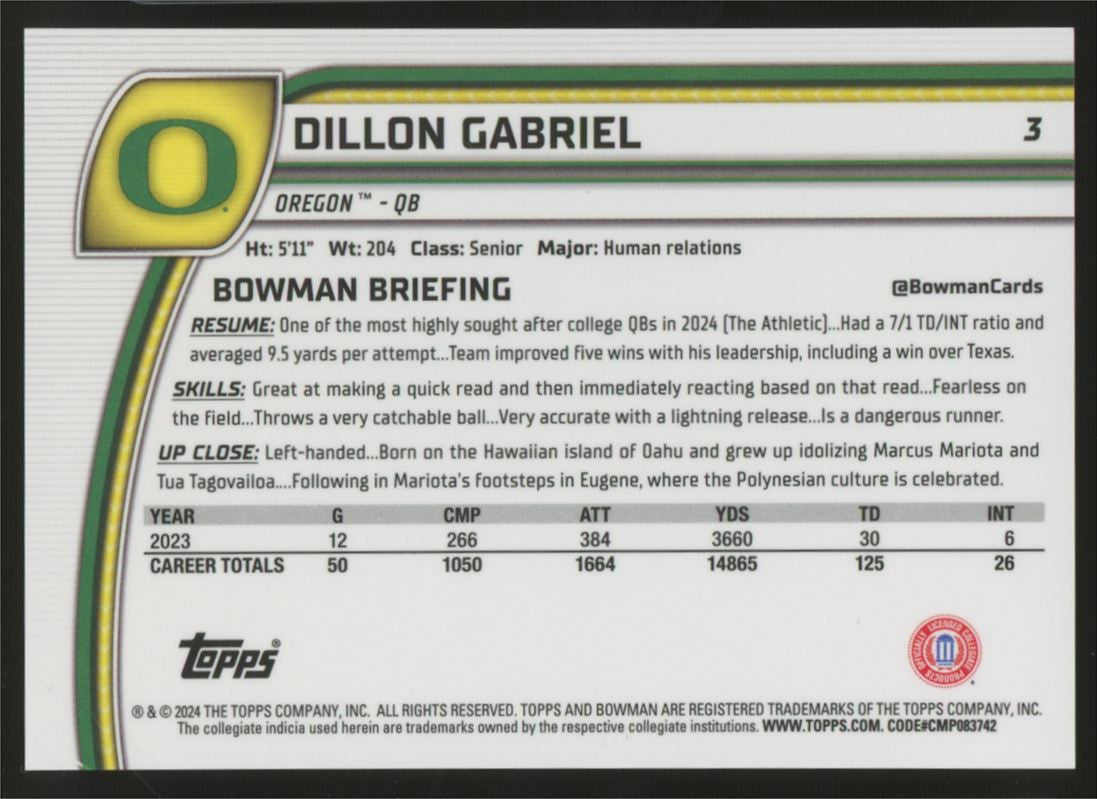 2024 Bowman University Chrome Dillon Gabriel Black & White Shock /48 #3