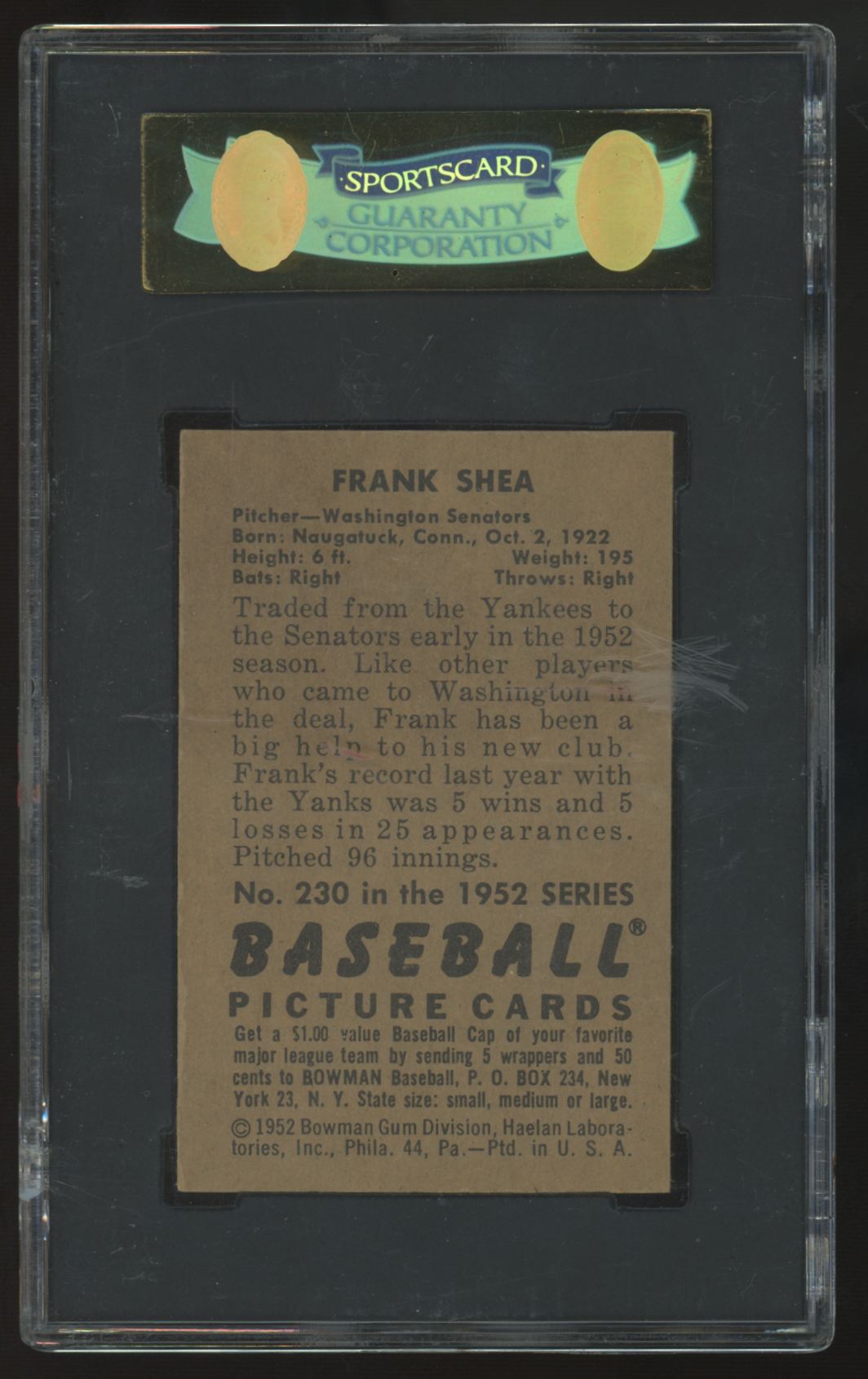 1952 Bowman Frank Shea High Number #230 SGC 6