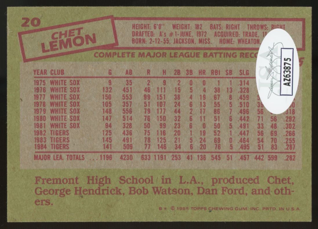 1985 Topps Chet Lemon #20 Signed Auto JSA