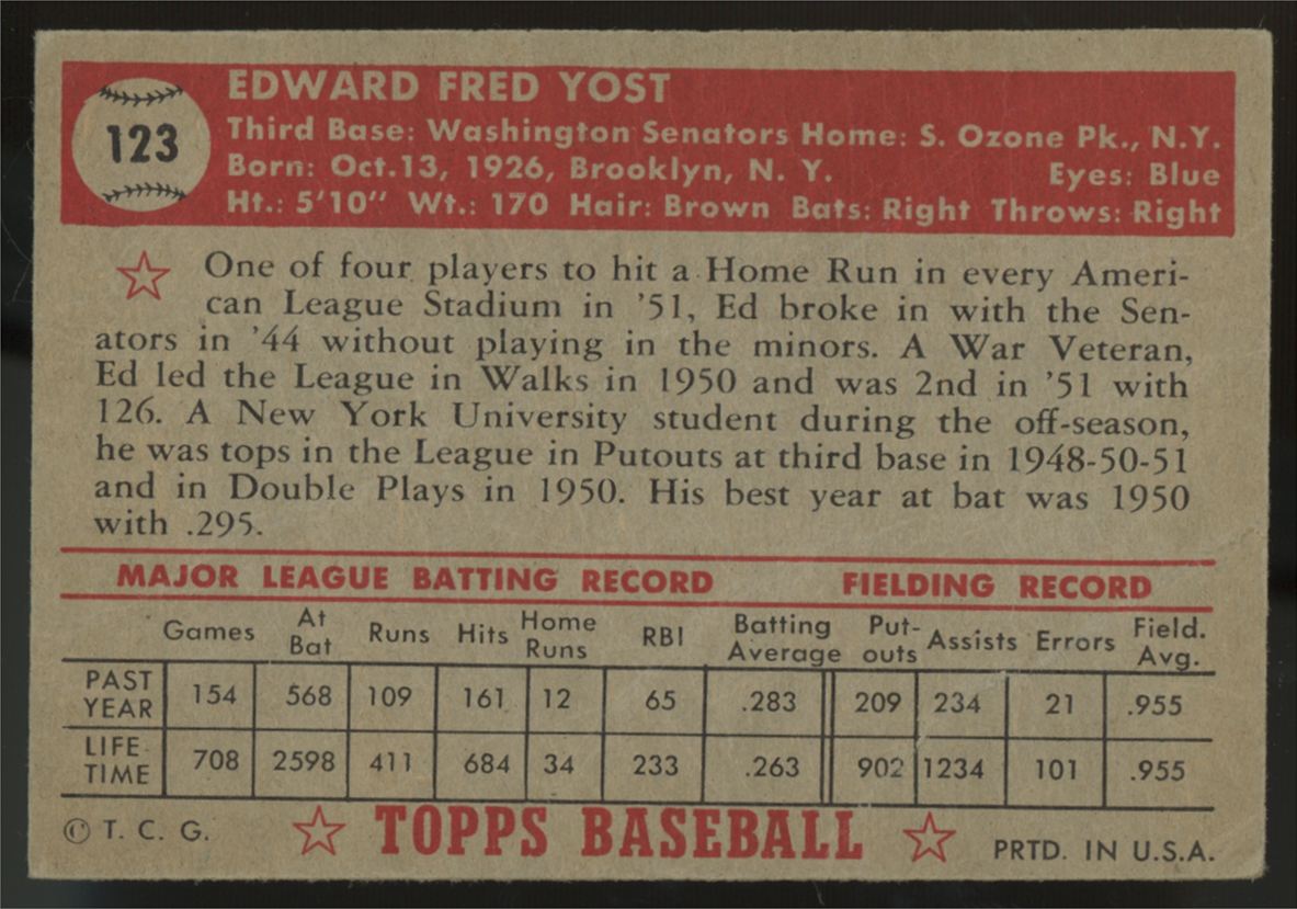 1952 Topps Eddie Yost #123 Poor