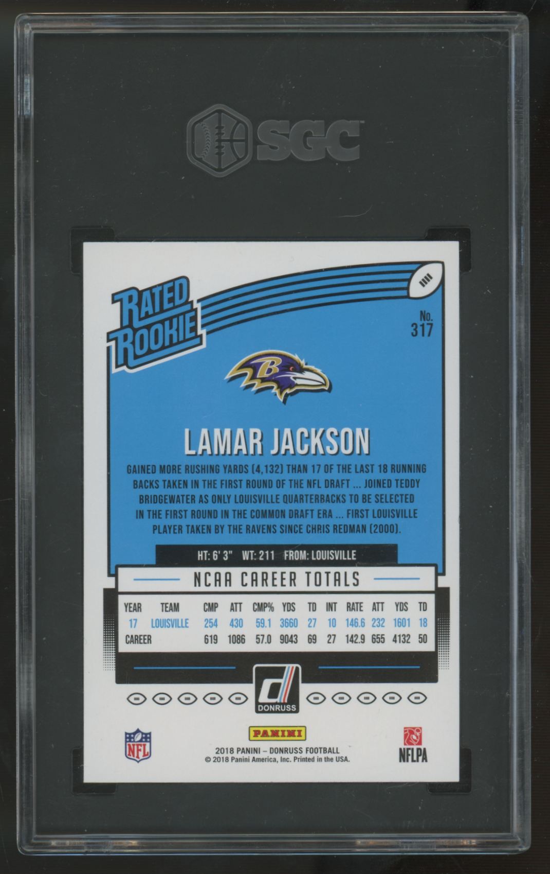 2018 Donruss Lamar Jackson RC Rated Rookie #317 SGC 9.5