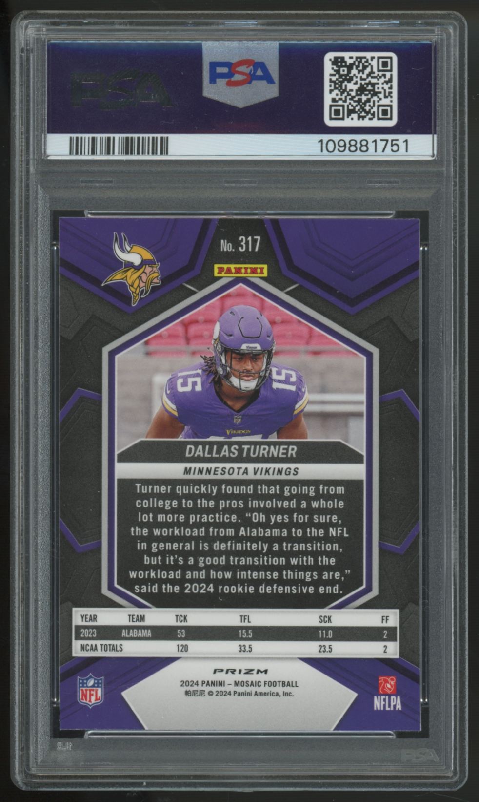2024 Panini Mosaic Dallas Turner RC Honeycomb SSP #317 PSA 10