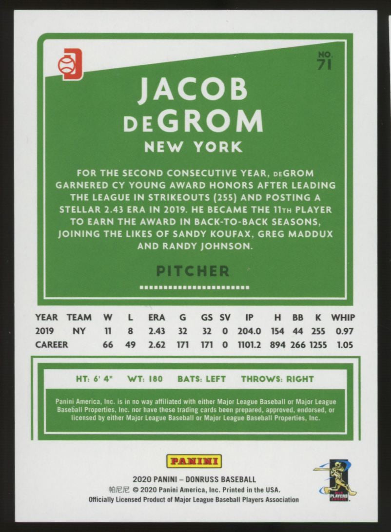 2020 Donruss Baseball Jacob deGrom Look At This /25 Nickname Variation #71