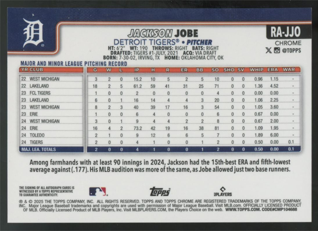 2025 Topps Chrome Sapphire Jackson Jobe RC Auto /199 #RA-JJO