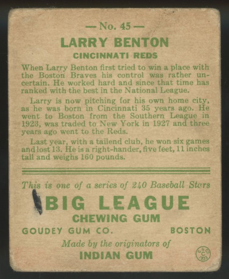 1933 Goudey Larry Benton #45 Poor