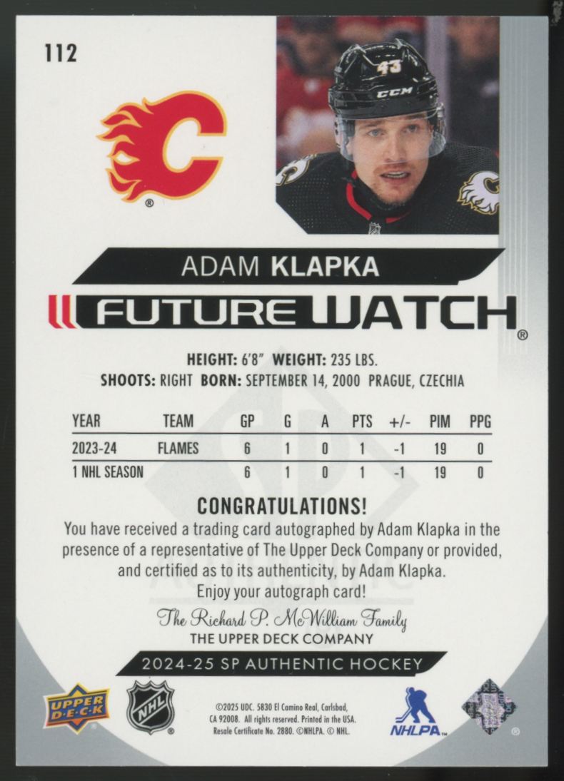 2024-25 Upper Deck SP Authentic Adam Klapka RC Future Watch Auto /999 #112