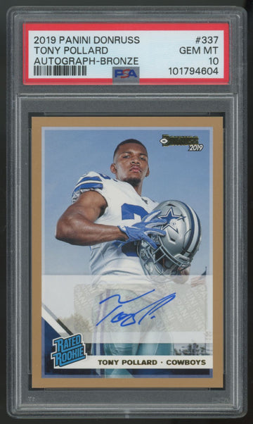 2019 Panini Donruss Tony Pollard Rated Rookie Bronze Auto #337 PSA 10