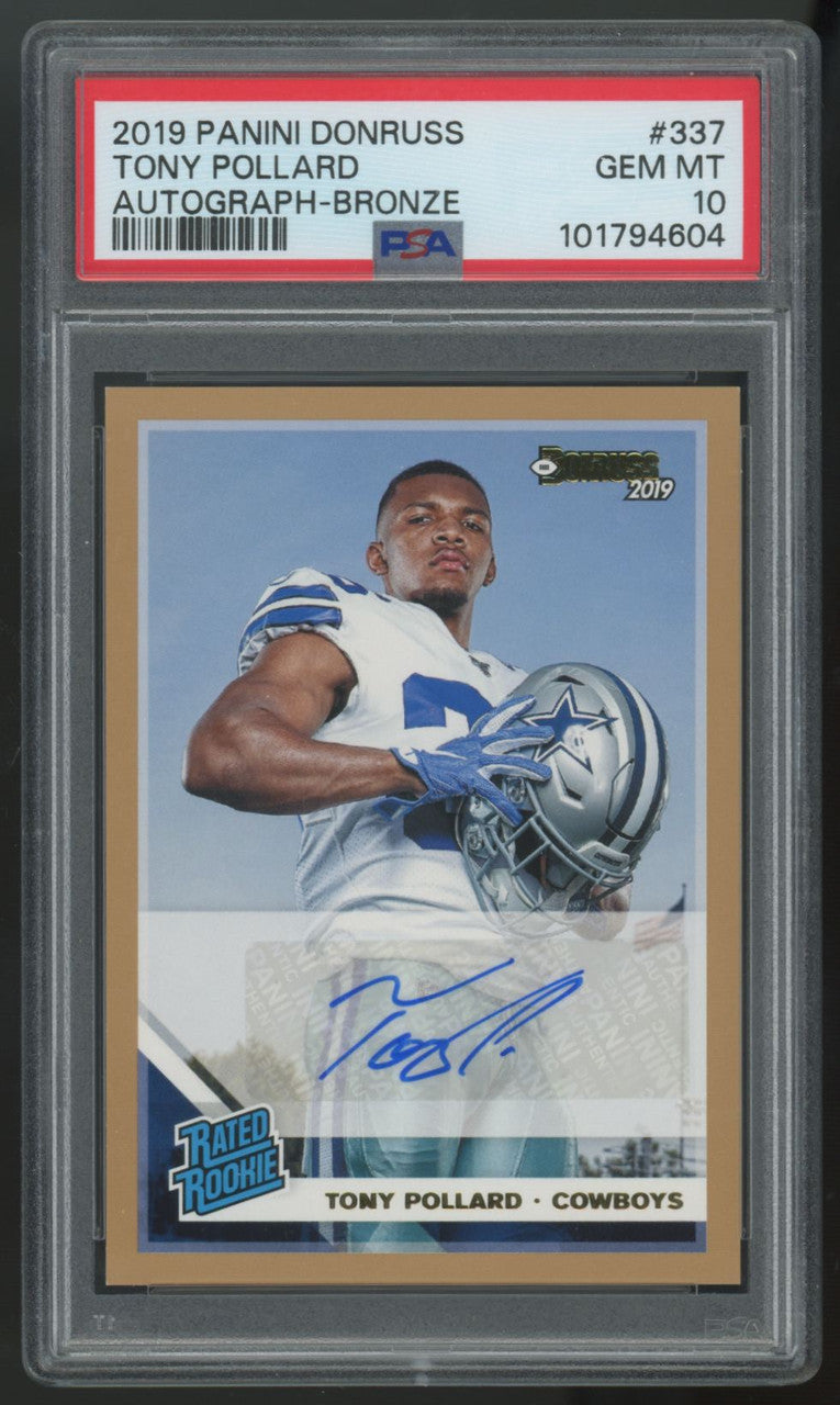 2019 Panini Donruss Tony Pollard Rated Rookie Bronze Auto #337 PSA 10