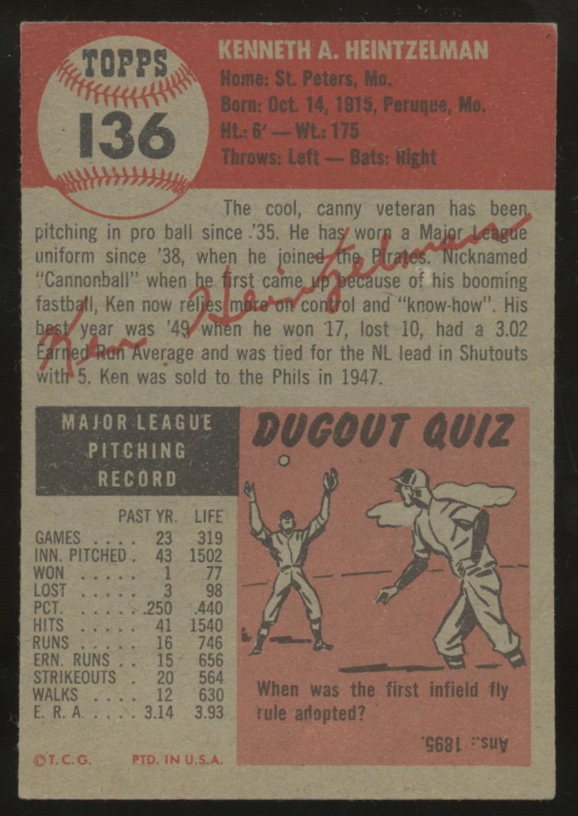 1953 Topps Ken Heintzelman #136 VG/EX