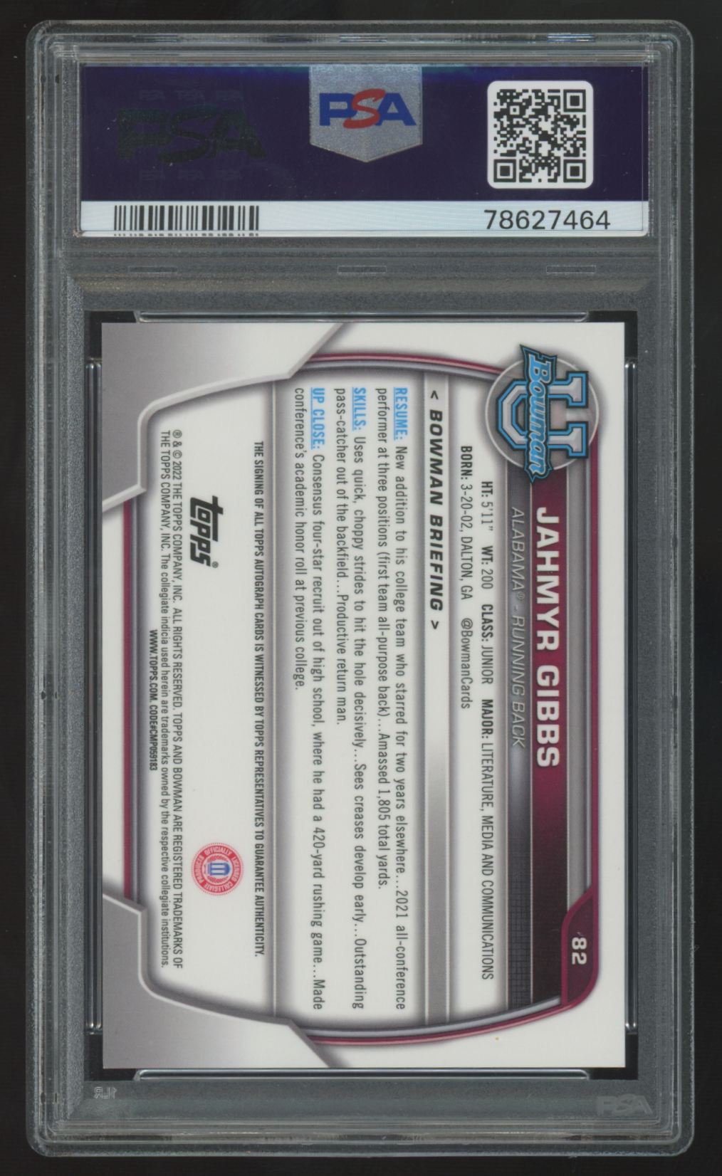 2022 Bowman University Jahmyr Gibbs 1st Chrome Prospect Auto #82 PSA 10