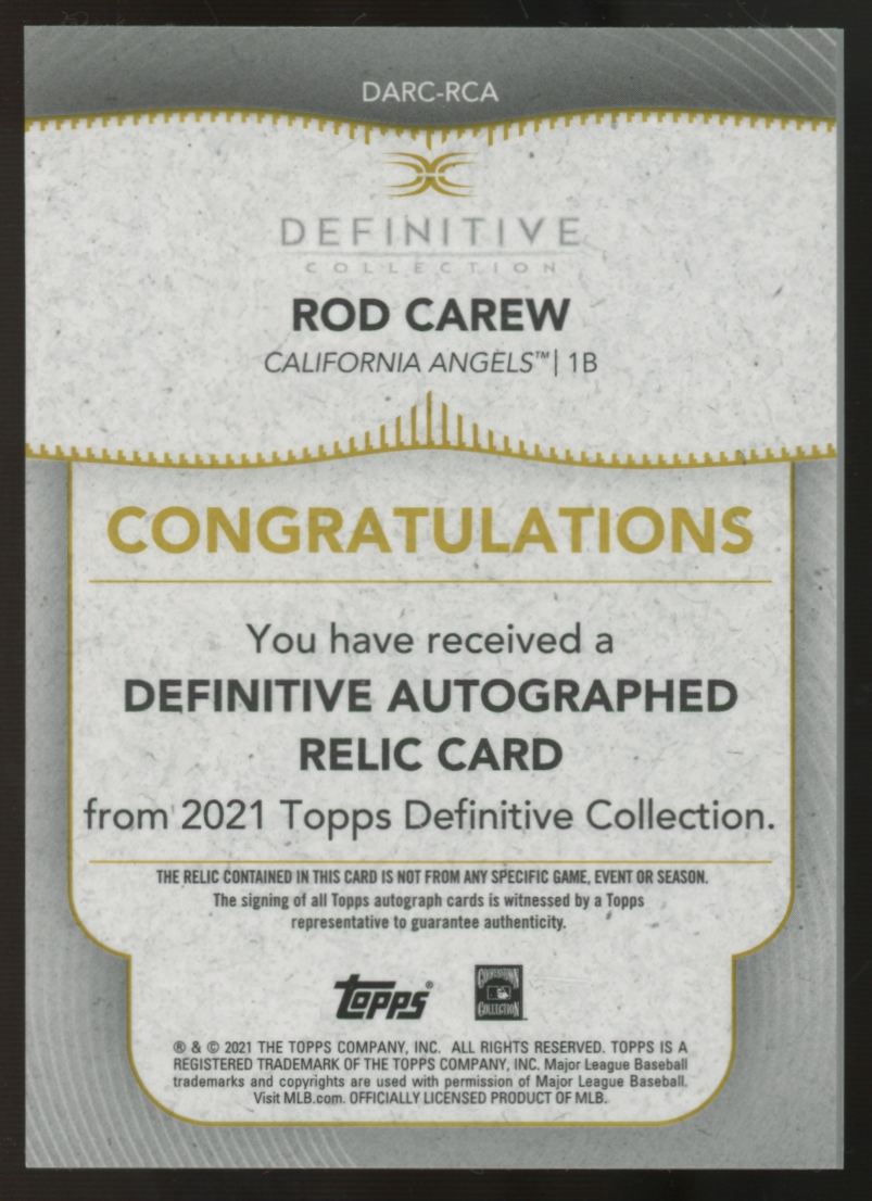 2021 Topps Definitive Rod Carew Definitive Auto Relic Patch /50 #DARC-RCA