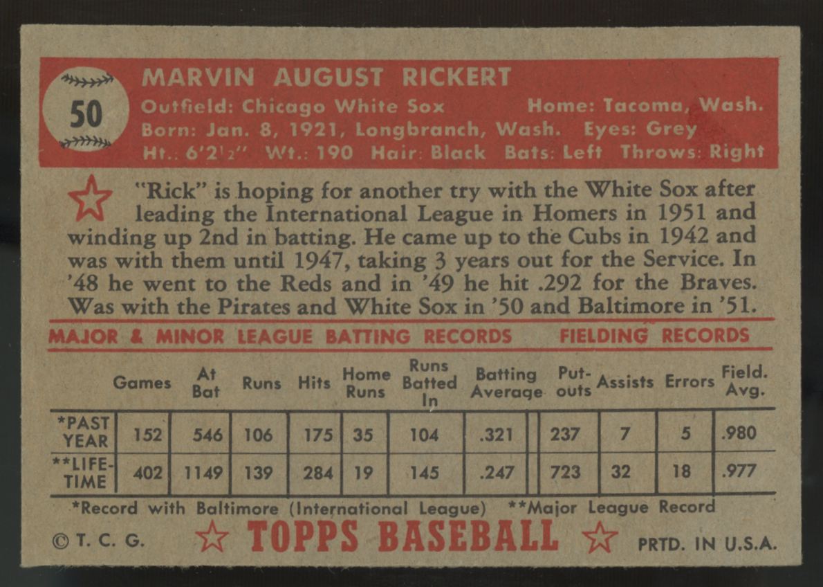 1952 Topps Marv Rickert RC #50 EX