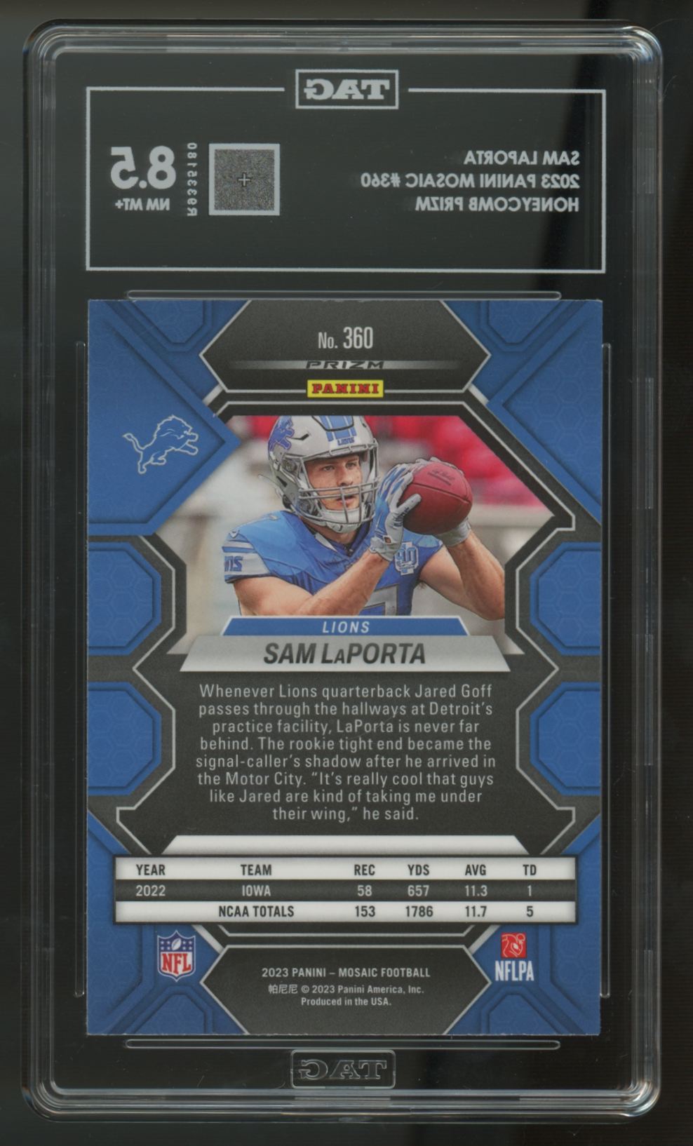 2023 Panini Mosaic Sam LaPorta RC Honeycomb Prizm SSP #360 TAG 8.5