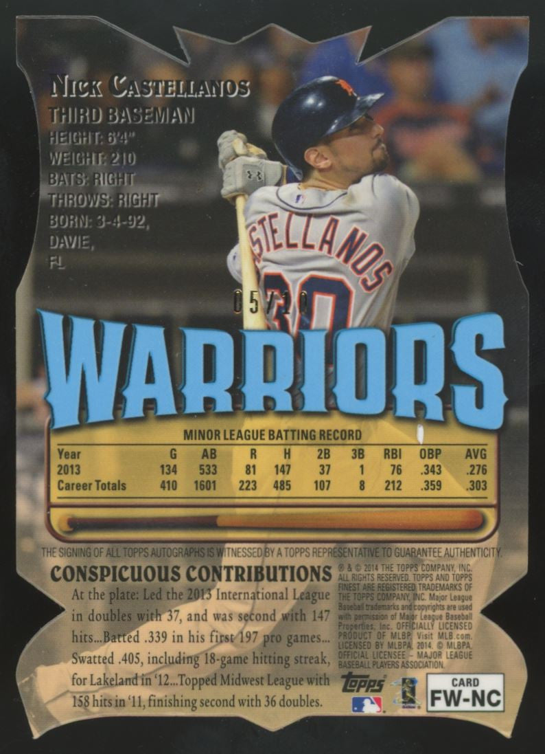 2014 Topps Finest Nick Castellanos Warriors Die Cut RC Auto Blue /10 #FW-NC