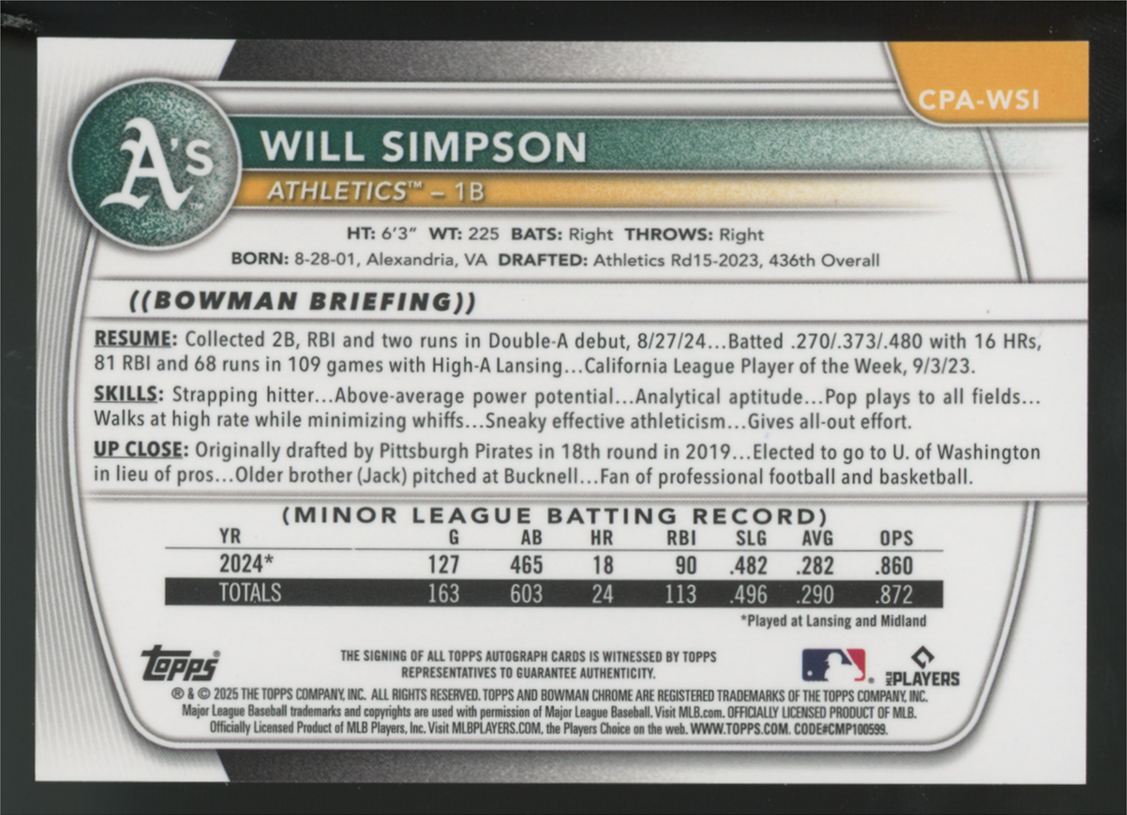 2025 Bowman Will Simpson 1st Chrome Prospect Speckle Auto /299 #CPA-WSI