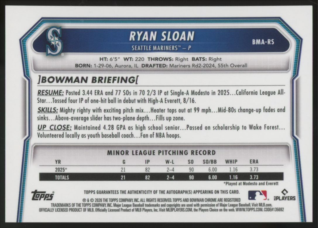 2026 Bowman Chrome Mega Ryan Sloan Green Prospect Auto /99 #BMA-RS