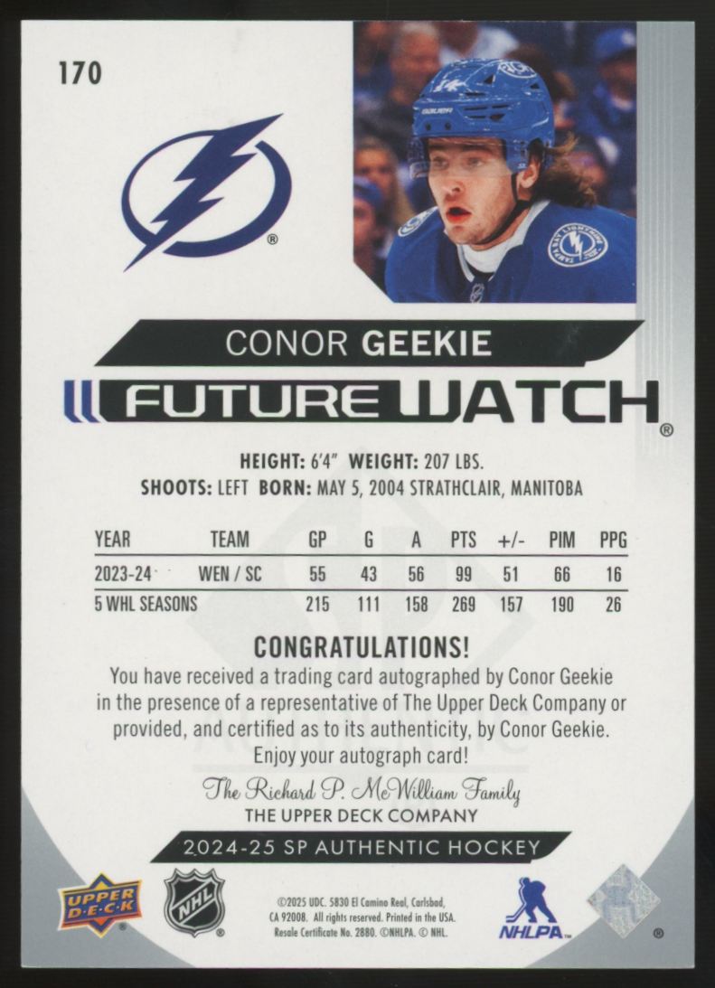 2024-25 Upper Deck SP Authentic Conor Geekie RC Future Watch Auto /999 #170