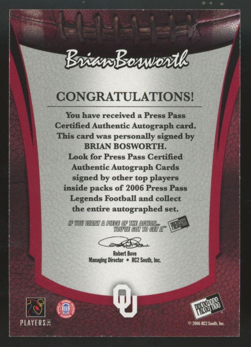 2006 Press Pass Legends Brian Bosworth Legendary Legacy Auto /275