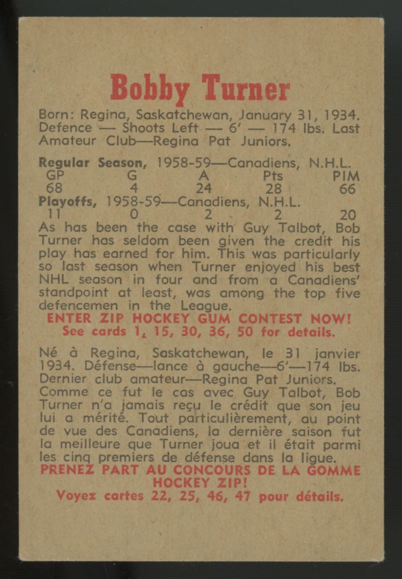 1959-60 Parkhurst Bob Turner #43 EX