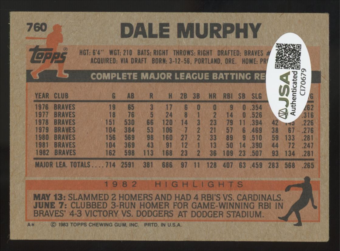 1983 Topps Dale Murphy Signed Auto #760 JSA Authentic