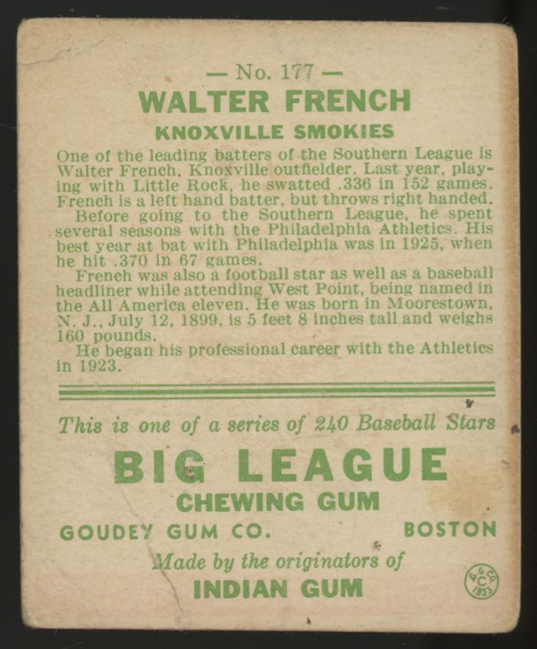 1933 Goudey Walter French #177 Poor
