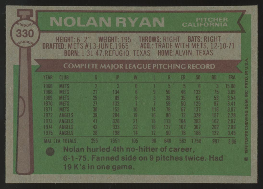 1976 Topps Nolan Ryan #330 NM "A"