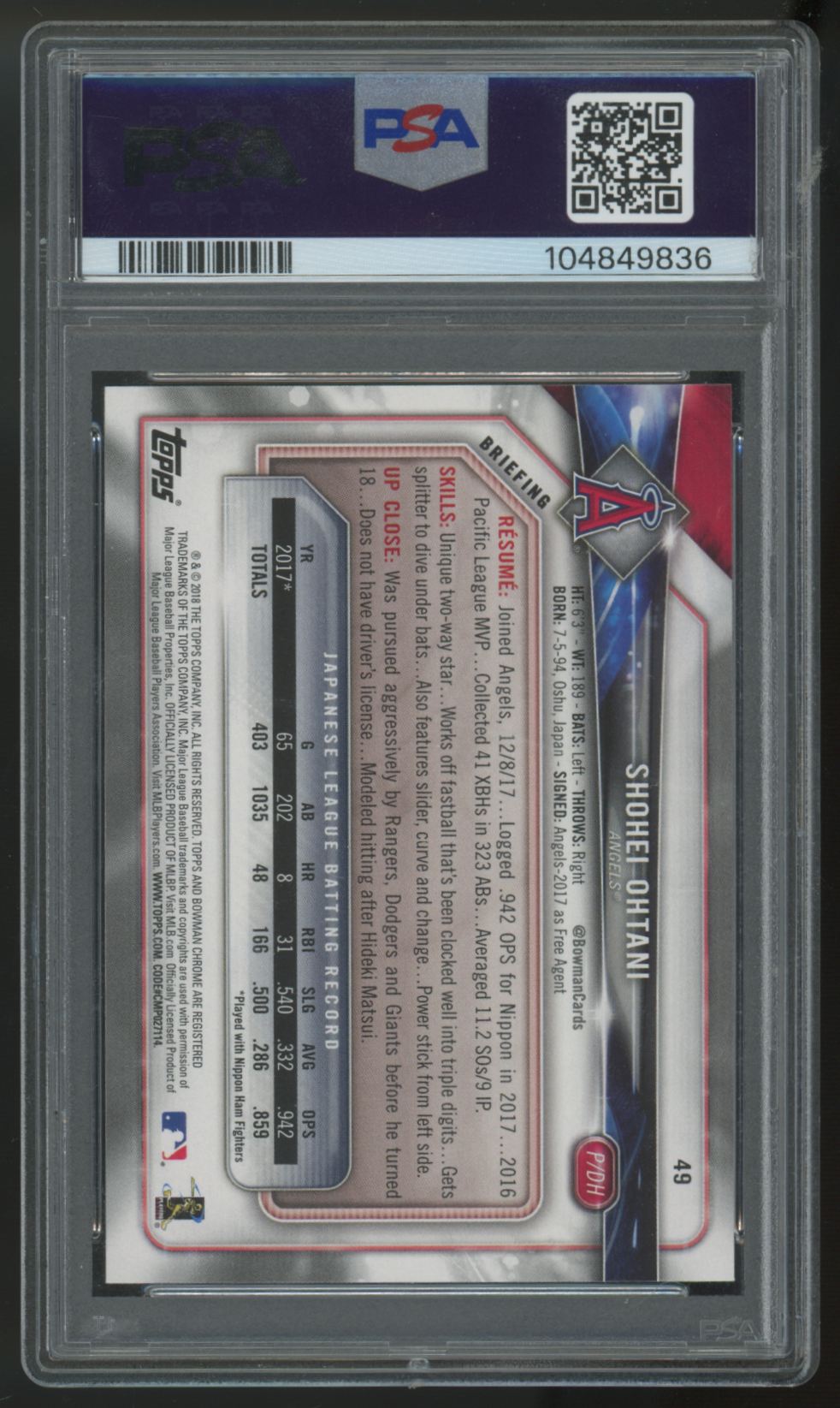 2018 Bowman Shohei Ohtani RC #49 PSA 9 *836