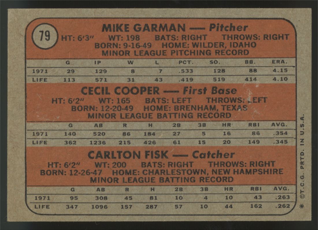 1972 Topps Carlton Fisk RC #79 VG/EX