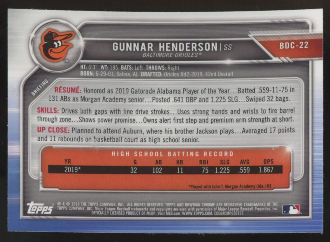 2019 Bowman Chrome Draft Gunnar Henderson 1st Atomic Refractor #BDC-22 "A"