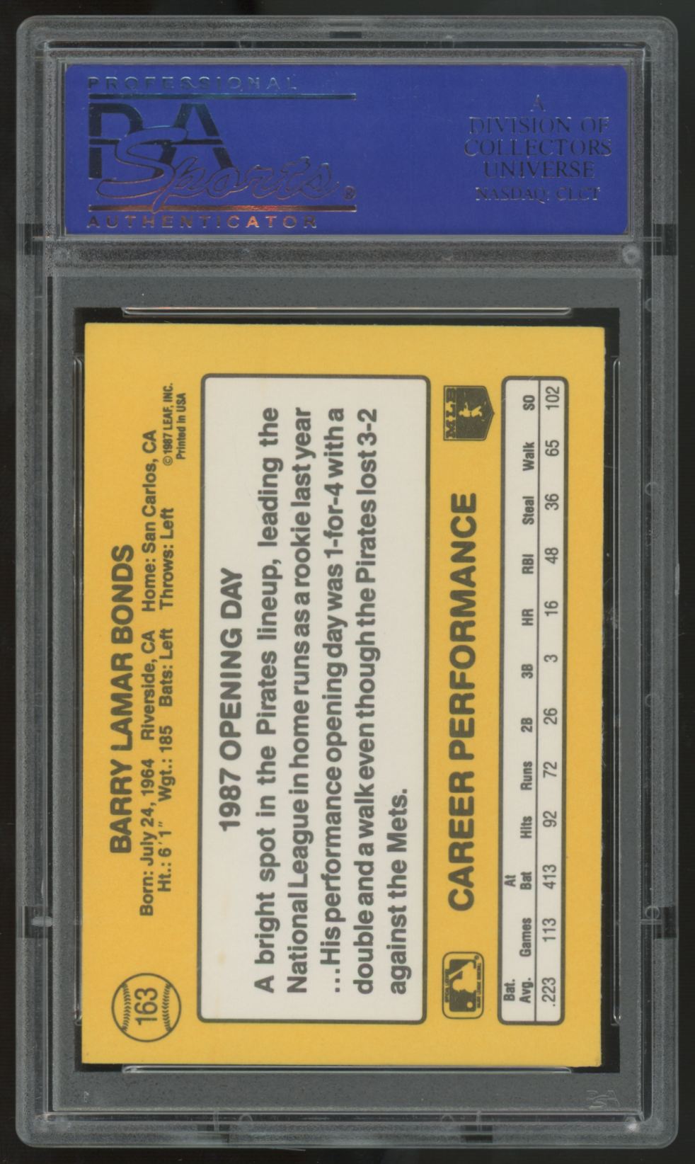 1987 Donruss Barry Bonds RC White Jersey Correct Photo #163 PSA 8