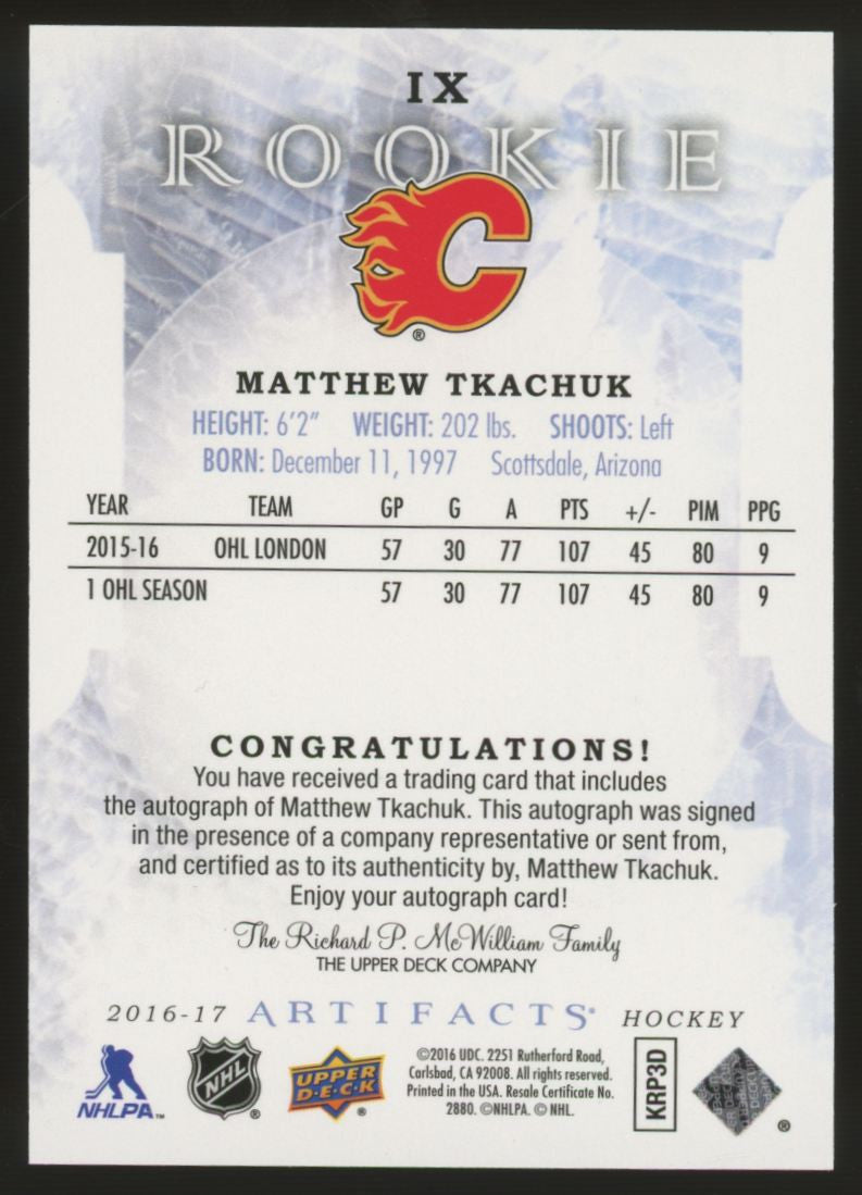 2016/17 UD Artifacts Matthew Tkachuk Rookie Auto /135 #IX