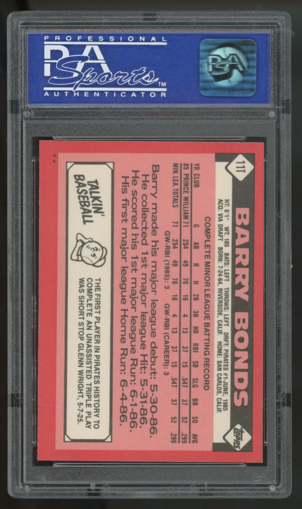 1986 Topps Traded Barry Bonds RC #11T PSA 8 *389