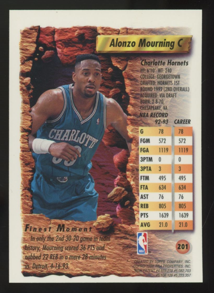 1993-94 Topps Finest Alonzo Mourning Refractor #201 "B"