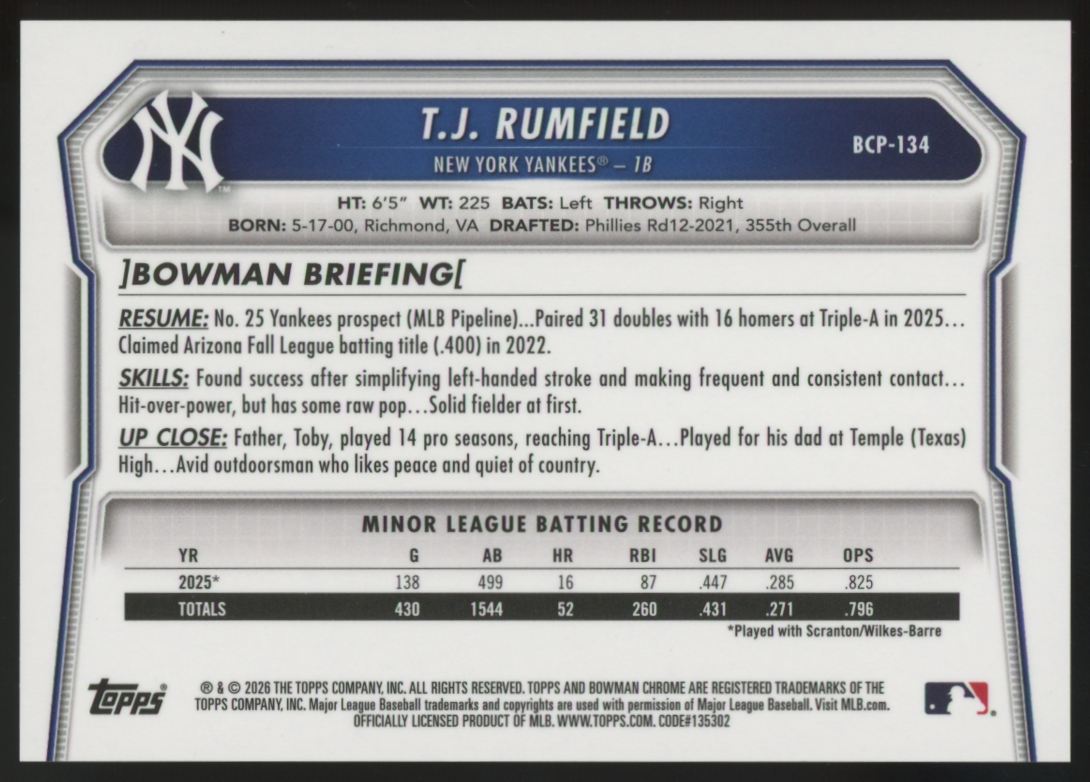 2026 Bowman T.J. Rumfield 1st Chrome Prospect Orange Refractor /25 #BCP-134