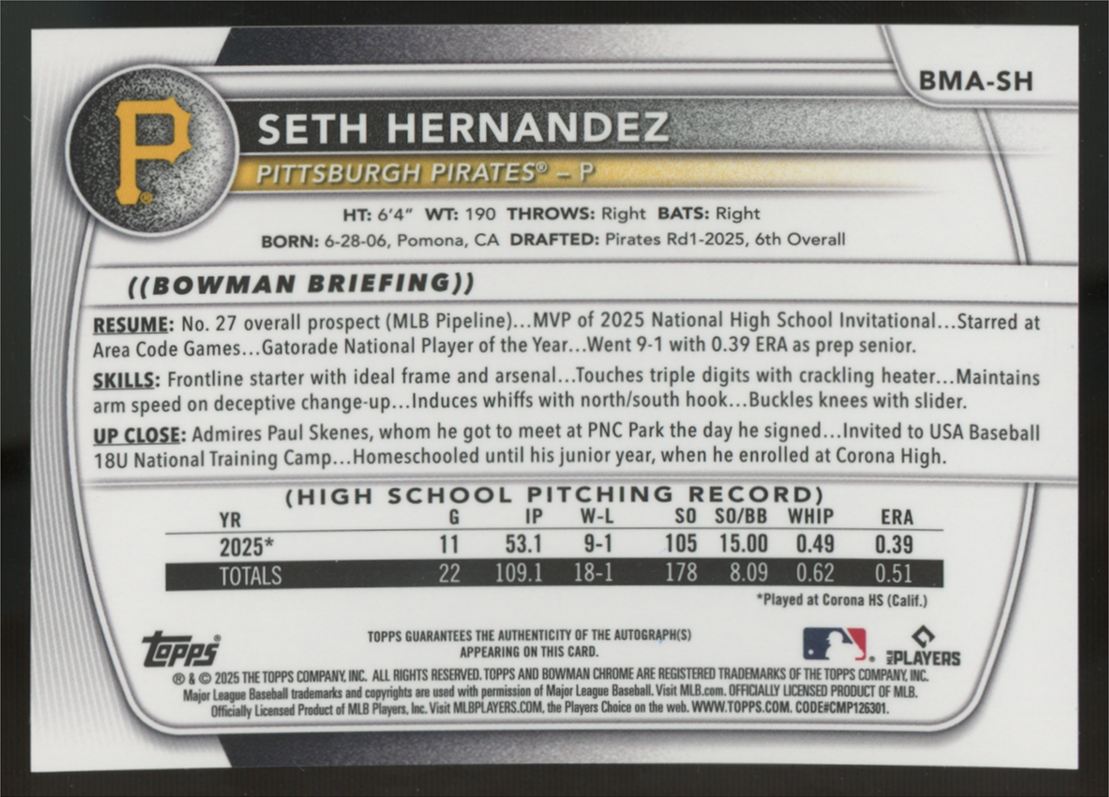 2026 Bowman Chrome Mega Seth Hernandez Orange Refractor Auto /25 #BMA-SH