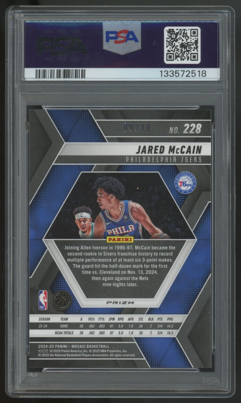 2024-25 Panini Mosaic Jared McCain RC Pink Fluorescent /10 #228 PSA 10