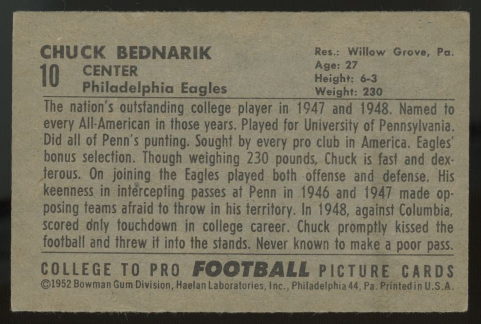 1952 Bowman Small Chuck Bednarik #10 VG/EX